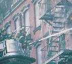 photograph of fire fighters in a truck hosing water on a building