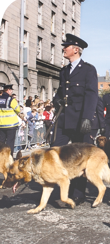 photograph of male dog detective and dog walking down a city street