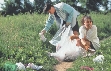 photograph of two people picking up trash in a park