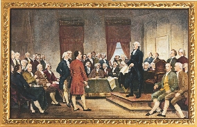 This painting shows George Washington speaking to other U.S. leaders about the Constitution. It was painted in 1856 by Junius Brutus Stearns.