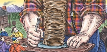 illustration of Paul Bunyan and a plate with a huge stack of pancakes