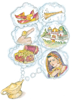 illustration of magic lamp with pictures of wishes such as a treasure chest and palace