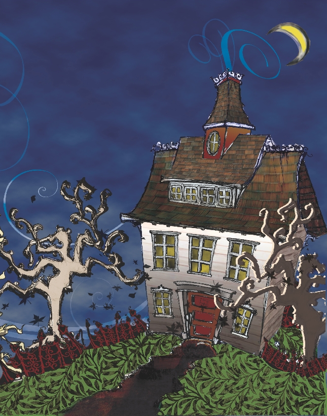 illustration of a night scene of a haunted house, trees, and flying owl