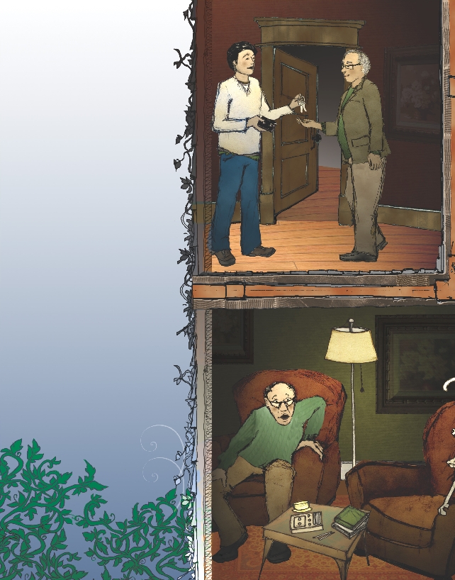 illustration of Paul and Mr. Brown in the haunted house