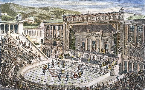 Ancient Greeks performed plays in theaters outdoors.