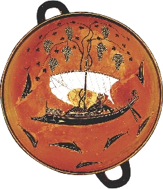 This painted dish shows the Greek god, Dionysus, in a sailing boat.