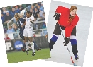 photograph of female soccer and ice hockey players