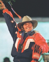 photograph of Picabo Street wearing a cowboy hat and Olympic gold medal