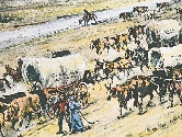 A painting of men and women traveling in wagons