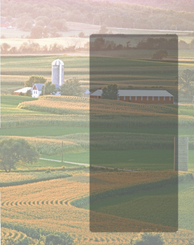 illustration of a field of crops with farmhouse and silo in background