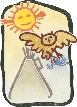 illustration of the sun and an owl flying over a teepee