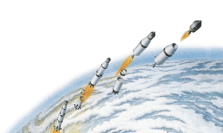 illustration of the sequence of Saturn IV rocket stages over Earth