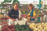 photograph of a man and a woman at a fruit and vegetable market