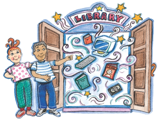 illustration of two students standing in front of doors to a library