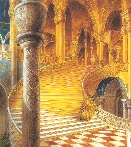 illustration of King Midas coming down a golden staircase in his castle