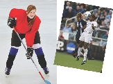 photographs of a female hockey player and two soccer players