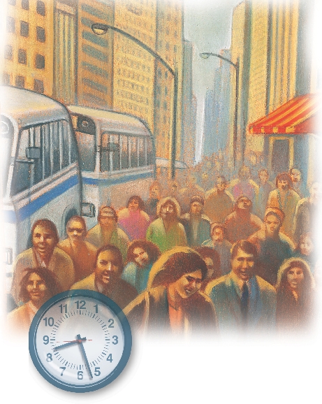 illustration of people in a city street and a clock that reads 8:27