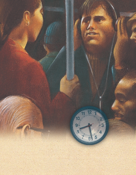 illustration of people on a crowded subway and a clock that reads 8:28