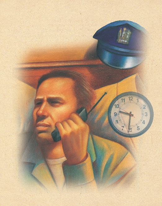 illustration of a man talking on a phone and a clock that reads 9:31