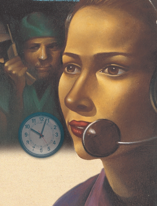 illustration of a 9-1-1 operator wearing a headset and a clock that reads 10:03