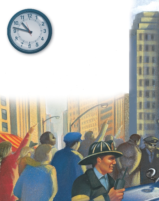 illustration of people on a city street, fire fighter and a clock that reads 10:47