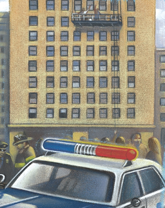 illustration of a building with window cleaners on a scaffold and a police car