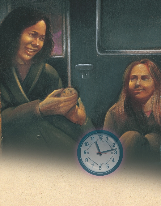 illustration of two women on a train and a clock that reads 11:13