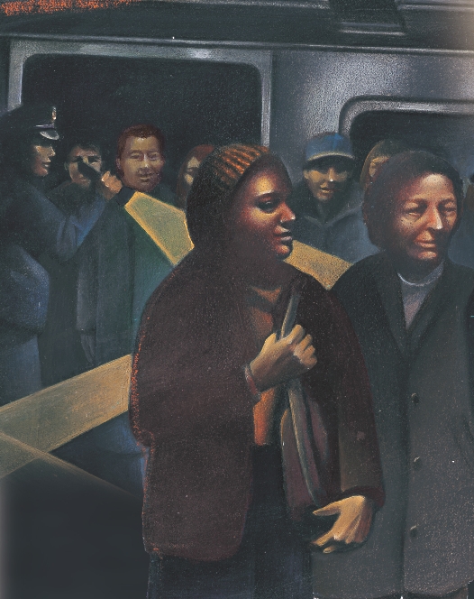 illustration of people on a train and police officer with a flashlight