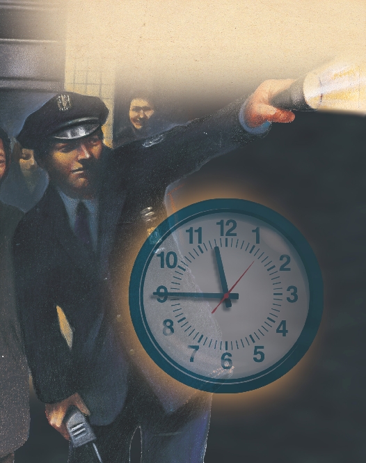 A graphic illustration of a collage that displays a watch and a police man holding out a torch