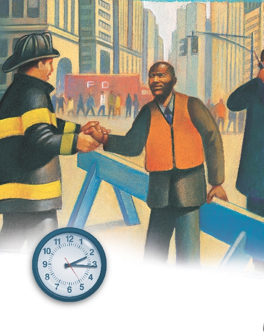 illustration of a fire fighter and people on a city street, clock reading 2:16