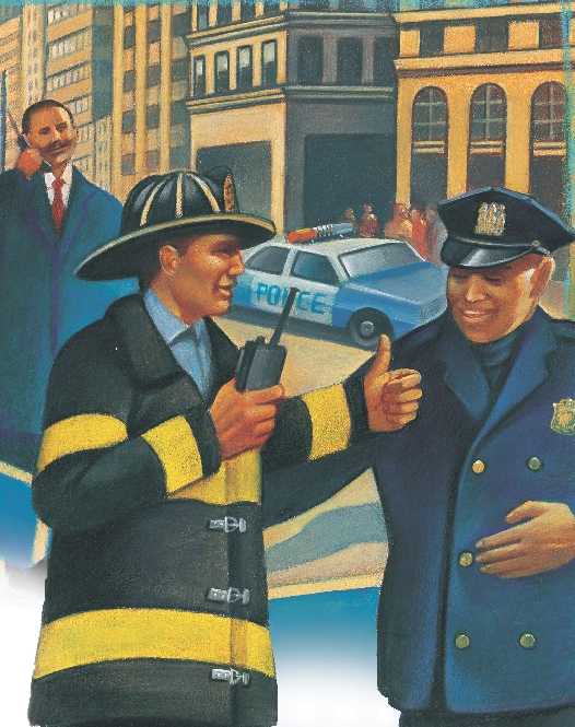 illustration of a police officer and fire fighter on a city street