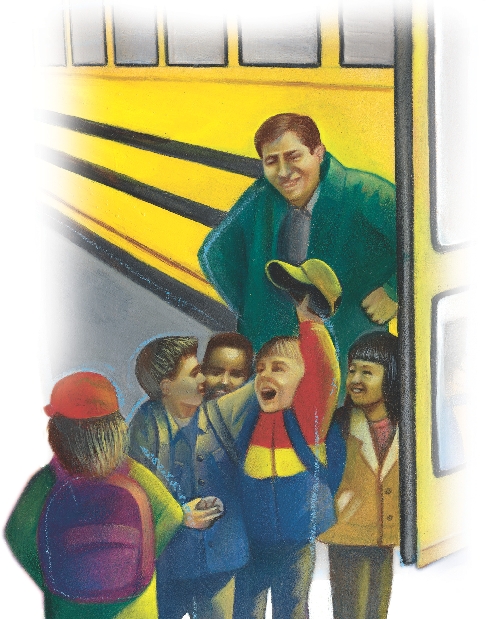 illustration of children standing by a school bus