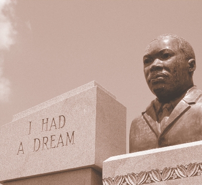 photograph of bust of Martin and stone inscription that reads “I had a dream”