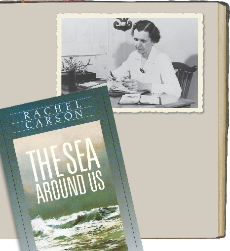 photograph of Rachel Carson at a desk and the book cover, The Sea Around Us