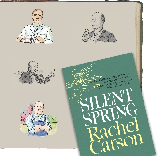 illustration the cover of Silent Spring and sketches of people on a book page