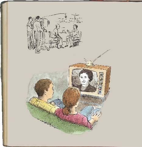 illustration of a book page with sketches of people watching Rachel on television