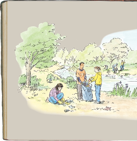 illustration of a book page with people cleaning up a litter by a stream