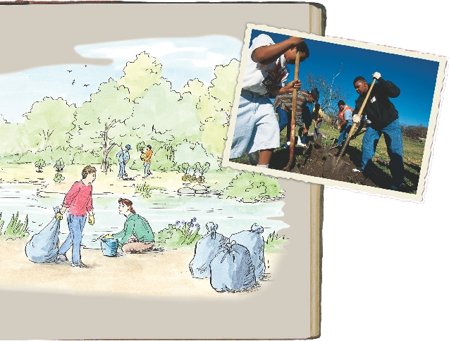 illustration of a book page with people cleaning up a litter by a stream