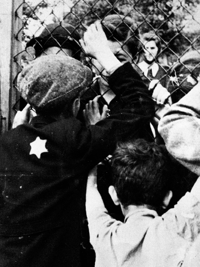 photograph of two children separated from family members by a fence