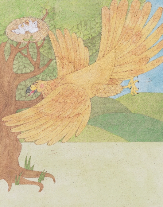 illustration of an eagle and a nest with baby birds in a tree