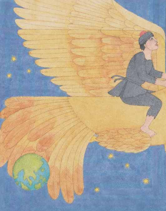 illustration of Yaoh riding on the eagle flying away from Earth to the moon