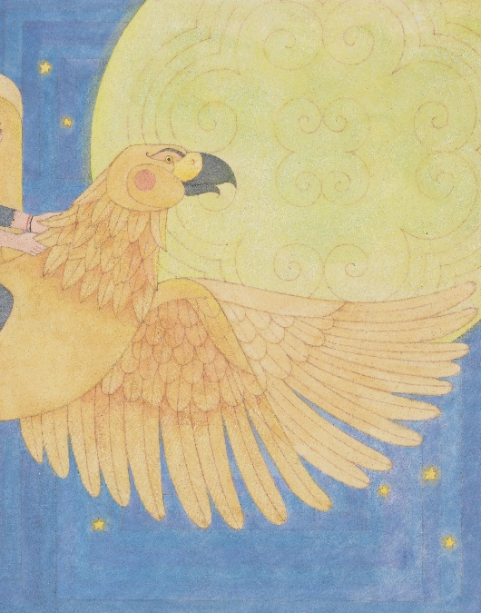 illustration of Yaoh riding on the eagle flying away from Earth to the moon