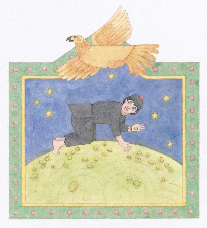 illustration of Yaoh gathering gold coins on the moon, the eagle flying overhead