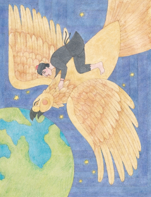 illustration of Yaoh riding the eagle back to Earth