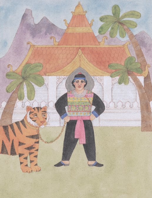 illustration of Gwa and a tiger standing in front of a house