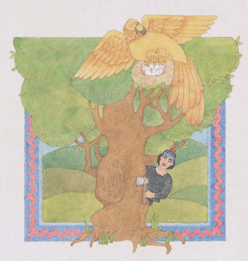 illustration of Gwa chopping down the tree with the eagle, nest, and baby birds