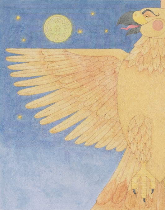 illustration of the eagle flying with the sun and moon in the sky