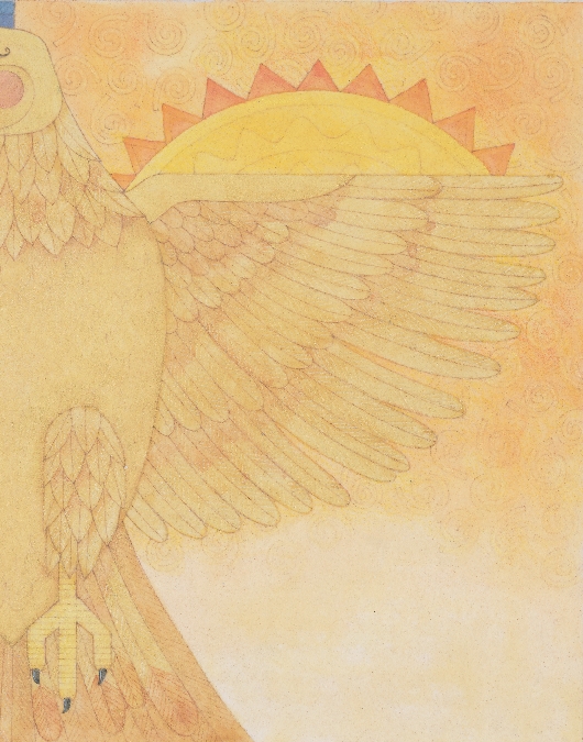 illustration of the eagle flying with the sun and moon in the sky