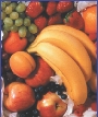 photograph of bananas, apples, green grapes, and strawberries