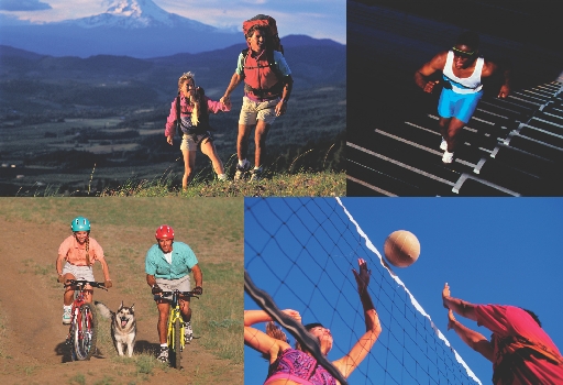 photographs of people exercising: hiking, climbing stairs, biking, playing volley ball